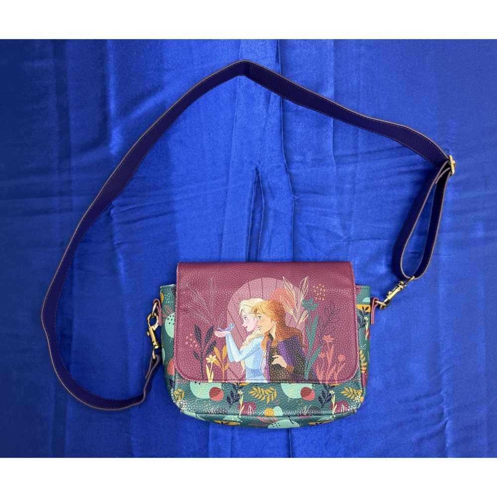 Disney Store Frozen Elsa Anna Small Crossbody Shoulder Purse Purple Teal Floral
